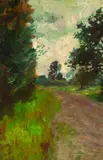 Thomas Herbst, Weg zwischen Laubbäumen, Oil on cardboard