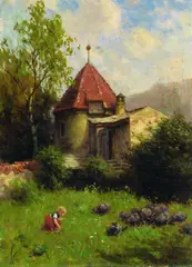 August Splitgerber, Bergkapelle in sommerlicher Landschaft, Oil on panel