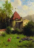August Splitgerber, Bergkapelle in sommerlicher Landschaft, Oil on panel