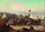 Friedrich Kaiser, Zwei Gemälde: Angriff preussischer Kavallerie bei Königgrätz. Preussische Infanterie im Heerlager, Oil on canvas