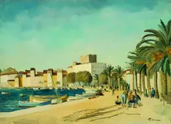 Edmond Ceria, Mediterrane Hafenstadt, Oil on canvas