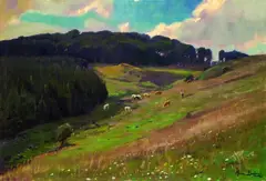 Hermann Bahner, Hessische Landschaft mit Viehherde, Oil on canvas