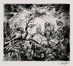 Fritz Schaefler, 6 Bll.: Untergehende Sonne.  Landschaft mit Bauern. Sonnenuntergang mit Schafherde. Hiob. Sonnenuntergang (mit Spaziergängern). Wasserfall, 1918, Etching