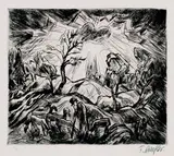 Fritz Schaefler, 6 Bll.: Untergehende Sonne.  Landschaft mit Bauern. Sonnenuntergang mit Schafherde. Hiob. Sonnenuntergang (mit Spaziergängern). Wasserfall, 1918, Etching
