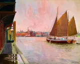 Christian Hadenfeldt, Besanewer im Kuhwaerder Hafen, Hamburg, 1930, Watercolour