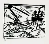 Lyonel Feininger, 2 Bll.: Ships, Waves and Sun. Tahiti, 1920, Woodcut