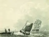 Johannes Hermanus Koekkoek, Umkreis - Tjalk und Großsegler auf bewegter See, Brush and Indian ink drawing