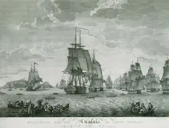 Spanischer Schiffsporträtist, Evacüation par les anglais de Porto Ferraio le 16 avril 1797, 1799, Copper engraving