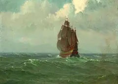 Englischer Marinemaler, Eine Galeone auf hoher See, Oil on cardboard