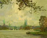 Erich Mercker, Blick über die Alster in Hamburg, Oil on fibreboard