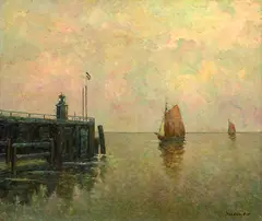 Hans Harländer, Fischerboote vor der Hafeneinfahrt von Cuxhaven, Oil on panel