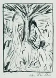 Otto Mueller, Stehendes, sitzendes und badendes Mädchen am Baum (Akte unter Bäumen), 1920, Lithograph