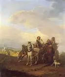 Johann Adam Klein, Bäuerliche Familie mit Pferdewagen nimmt einen Mönch zur Weiterfahrt mit