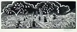 Otto Pankok, 4 Bll.: Weg mit Bäumen. Ehra im Wind. Lauschende Kinder. Katze, 1947, Woodcut