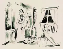 Walter Becker, 2 Bll.: Interieur mit drei Personen. Paar im Gespräch, 1921, Indian ink