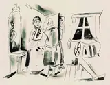 Walter Becker, 2 Bll.: Interieur mit drei Personen. Paar im Gespräch, 1921, Indian ink