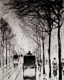 Lesser Ury, 4 Bll.: Allee in Berlin. Zeitungsleser. Holländische Mühle. Straßenszene in Berlin, Etching