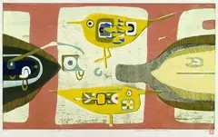Yoshiharu Kimura, Suna no ve (auf dem Land), 1965, Woodcut printed in colours