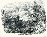 Alfred Kubin, 2 Bll.: Stier auf der Alm. Im Reiche der Mühlen (aus Traumland I), 1921, Lithograph