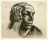 Käthe Kollwitz, Selbstbildnis mit der Hand an der Stirn, 1921, Etching