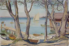 Chiemseeufer mit der ehemaligen Badeanstalt von Feldwies by Arnold Balwé, 1928, Oil, sold May 2002