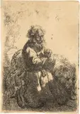 Der heilige Hieronymus im Gebet, niederblickend - St Jerome Kneeling in Prayer, Looking Down by Rembrandt Harmensz van Rijn, 1635, Etching on laid paper, sold Sep 2024