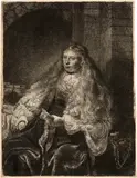 Die grosse Judenbraut - The Great Jewish Bride by Rembrandt Harmensz van Rijn, 1635, Etching, reworked with burin and drypoint, on laid paper with parts of the watermark "Strasbourg Lily", very similar to , sold Sep 2024