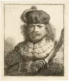 Selbstbildnis mit dem Säbel - Self-Portrait with Raised Sabre by Rembrandt Harmensz van Rijn, 1634, Etching, slightly reworked with drypoint, on laid paper, sold Sep 2024