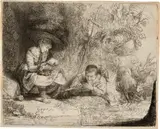 Der Flötenspieler (Eulenspiegel) - The Flute Prayer ("Het Uilespiegeltje") by Rembrandt Harmensz van Rijn, 1642, Etching on laid paper with watermark "Foolscap with Five-Pointed Collar" (Hinterding variant A.a), sold Sep 2024