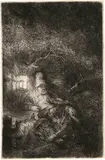 Die Ruhe auf der Flucht, Nachtstück - The Rest on the Flight into Egypt: A Night Piece by Rembrandt Harmensz van Rijn, Circa 1644, Etching on laid paper, sold Sep 2024
