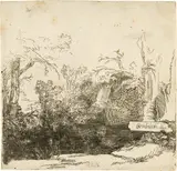Der Kahn unter den Bäumen - A Brook with a Grotto and a Boat ("Het Spelonkje") by Rembrandt Harmensz van Rijn, 1645, Etching and drypoint on laid paper, sold Sep 2024