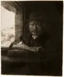 Selbstbildnis, zeichnend - Self-Portrait Etching at a Window by Rembrandt Harmensz van Rijn, 1648, Etching and drypoint on laid paper, sold Sep 2024