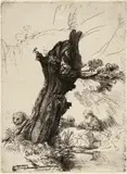 Der heilige Hieronymus bei dem Weidenstumpf â Saint Jerome Beside a Pollard Willow by Rembrandt Harmensz van Rijn, 1648, Etching with drypoint on laid paper, without watermark, sold Sep 2024