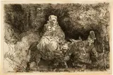 Die Flucht nach Ägypten: Übergang über einen Bach - The Flight into Egypt: Crossing a Brook by Rembrandt Harmensz van Rijn, 1654, Etching, engraving and drypoint on laid paper with watermark "Seven Provinces" (Hinterding, variant C-a-a), sold Sep 2024