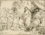 Christus, nach der Auferstehung den Jüngern erscheinend - Christ Appearing to the Apostles by Rembrandt Harmensz van Rijn, 1656, Etching on laid paper with watermark "Foolscap with Seven-Pointed Collar", similar to Ash and Fletcher 1998, no. 20 D.b., sold Sep 2024
