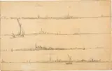 Jan Abrahamsz Beerstraaten, A. Horizontale Ansicht von Edam, Narden, Horn und Munikendam, von der Zuidersee aus gesehen, Circa 1650, Two pencil drawings on laid paper, with watermark "Foolscap with Five-Pointed Collar". Two sheet counterparts