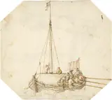 Hendrick Avercamp - Zugeschrieben, Vollbesetztes Ruderboot mit zwei Männern, die das Segel hissen, am Heck die Flagge der holländischen Flotte. - Rückseitig: Fischerboot, Circa 1620, Pen and ink in bister with fine watercolour on laid paper; on the reverse pen and ink in bister, reworked in pencil and ink