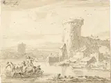 Italienische Küstenlandschaft mit Turm und Gebäuden, links mit Kühen beladenes Fährschiff by Nicolaes Pieterszoon Berchem, 1653, Black chalk with grey pen wash on laid paper, without watermark, sold Sep 2024