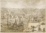 Lieven Cruyl, Hafenszene am Tiber, mit dem Forum Boarium und dem Ponte Rotto, After 1666, Pen and bister, lightly washed in ink and yellow, on vellum