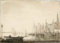 Aelbert Cuyp, Die Maas mit Segelschiffen, rechts mit Groothoofdspoort, Circa 1645, Black chalk, reworked with pen and ink, watercolour in bister and ink on laid paper, without watermark