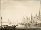Aelbert Cuyp, Die Maas mit Segelschiffen, rechts mit Groothoofdspoort, Circa 1645, Black chalk, reworked with pen and ink, watercolour in bister and ink on laid paper, without watermark