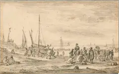 Jan van Goyen, Fischer mit Pferdewagen mit abgetakelten Segelbooten links in den Dünen, 1653, Black chalk with brush wash on laid paper with watermark "Crowned Shield with Fleur-de-Lis and Pendant Letter W" (similar to Beck, ill. 42)