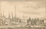 Jan van Goyen, Fischer mit Pferdewagen mit abgetakelten Segelbooten links in den Dünen, 1653, Black chalk with brush wash on laid paper with watermark "Crowned Shield with Fleur-de-Lis and Pendant Letter W" (similar to Beck, ill. 42)