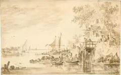 Jan van Goyen, Blick auf einen breiten Fluss mit Booten und Staffage, rechts eine Landungsbrücke, darüber ein Wirtshaus, 1651, Black chalk, partly with brown brush wash on laid paper with watermark "Three roundels surmounted by a crown" (cf. Beck, p. 344, no. 8, where listed for sheets from the years 1651-56)