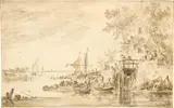 Jan van Goyen, Blick auf einen breiten Fluss mit Booten und Staffage, rechts eine Landungsbrücke, darüber ein Wirtshaus, 1651, Black chalk, partly with brown brush wash on laid paper with watermark "Three roundels surmounted by a crown" (cf. Beck, p. 344, no. 8, where listed for sheets from the years 1651-56)