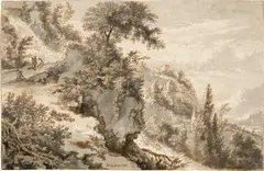 Jan Hackaert, Wasserfall in einer felsigen Landschaft, mit Jägern und Hund, 1653-1658, Pen and brown ink with grey brush wash on laid paper with watermark "Foolscap with Five-Pointed Collar" (see Laurentius II, no. 441, where recorded for The Hague, 1663, and 450, The Hague, 1664)
