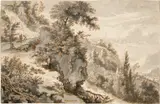 Jan Hackaert, Wasserfall in einer felsigen Landschaft, mit Jägern und Hund, 1653-1658, Pen and brown ink with grey brush wash on laid paper with watermark "Foolscap with Five-Pointed Collar" (see Laurentius II, no. 441, where recorded for The Hague, 1663, and 450, The Hague, 1664)