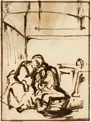 Mutter mit Kind in einer Wiege by Nicolaes Maes, Circa 1655, Reed pen in ink ink on laid paper, sold Sep 2024