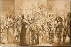 Pieter Molijn, Sänger mit dem Dreikönigsstern in einer Gasse in Amsterdam, umgeben von zahlreichen Personen und Kindern, nächtliche Szene, Circa 1625