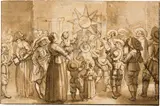 Pieter Molijn, Sänger mit dem Dreikönigsstern in einer Gasse in Amsterdam, umgeben von zahlreichen Personen und Kindern, nächtliche Szene, Circa 1625